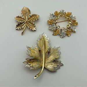 Set of Three Vintage Sarah Coventry Gold Tone Leaf Brooches Wreath Nature Trees